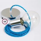 Single Pendant, suspended lamp with Turquoise Rayon textile cable TM11