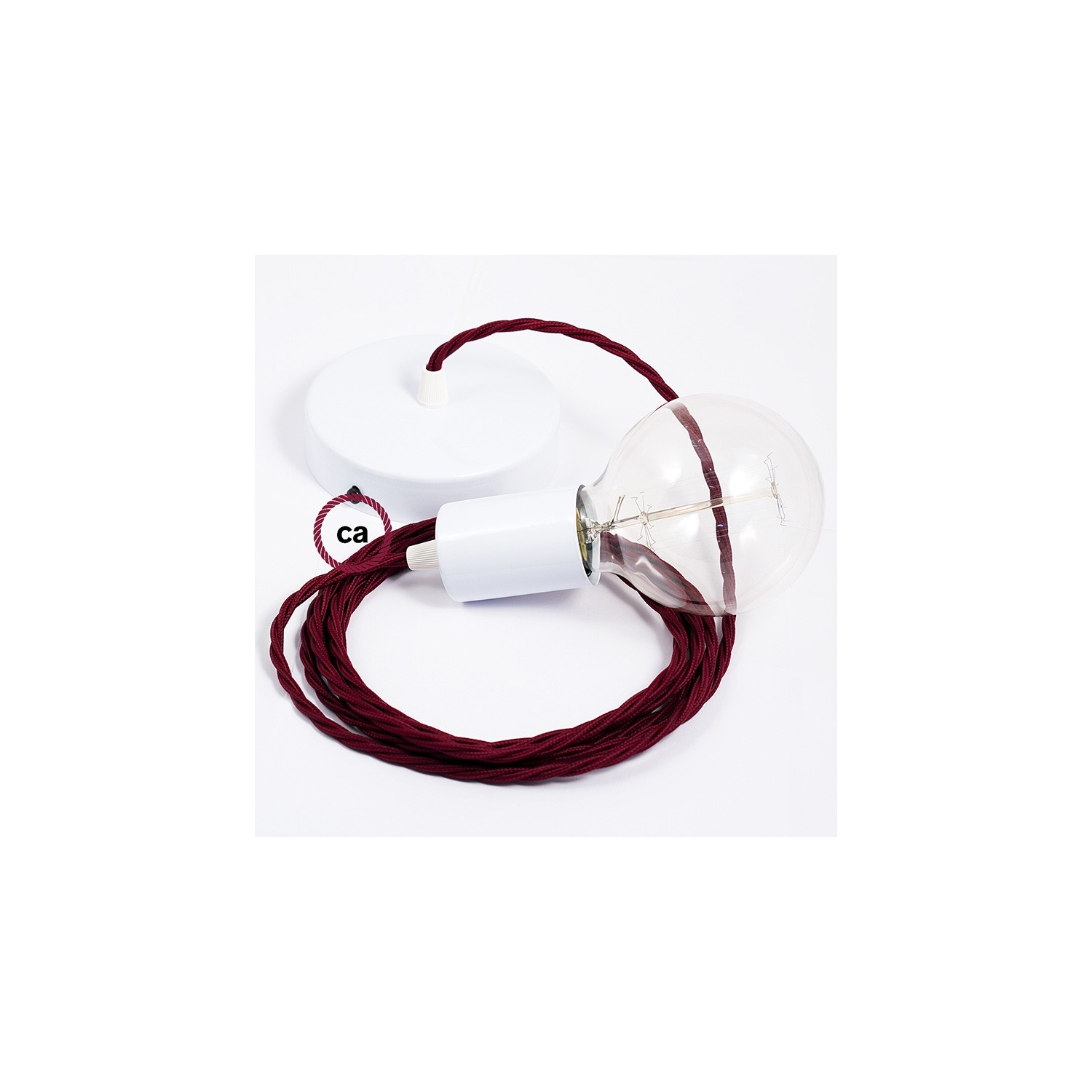 Single Pendant, suspended lamp with Burgundy Rayon textile cable TM19