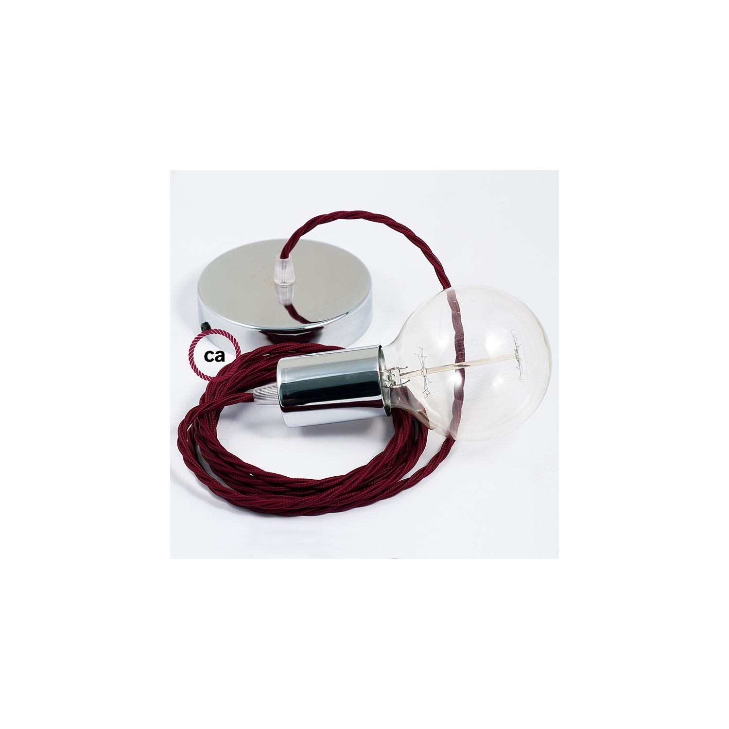 Single Pendant, suspended lamp with Burgundy Rayon textile cable TM19