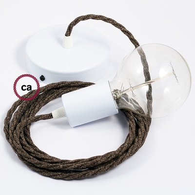 Single Pendant, suspended lamp with Brown Natural Linen textile cable TN04