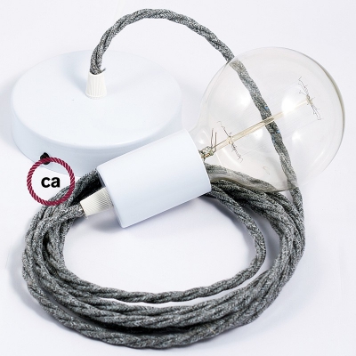 Single Pendant, suspended lamp with Grey Natural Linen textile cable TN02