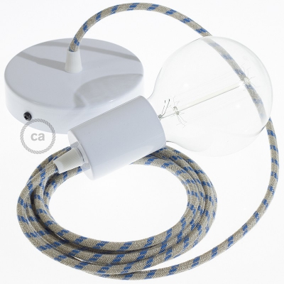 Single Pendant, suspended lamp with Stripes Steward Blue textile cable RD55
