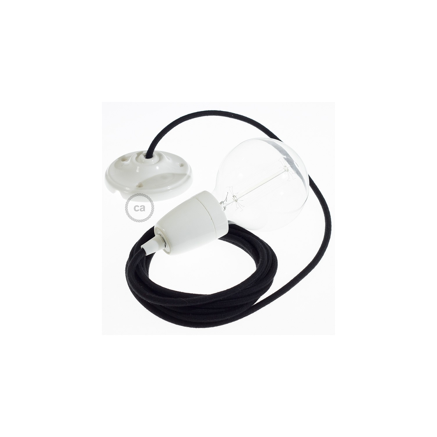 Porcelain Pendant, suspended lamp with Black Cotton textile cable RC04