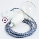 Porcelain Pendant, suspended lamp with ZigZag Blue textile cable RZ12