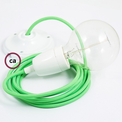 Porcelain Pendant, suspended lamp with Green Fluo textile cable RF06