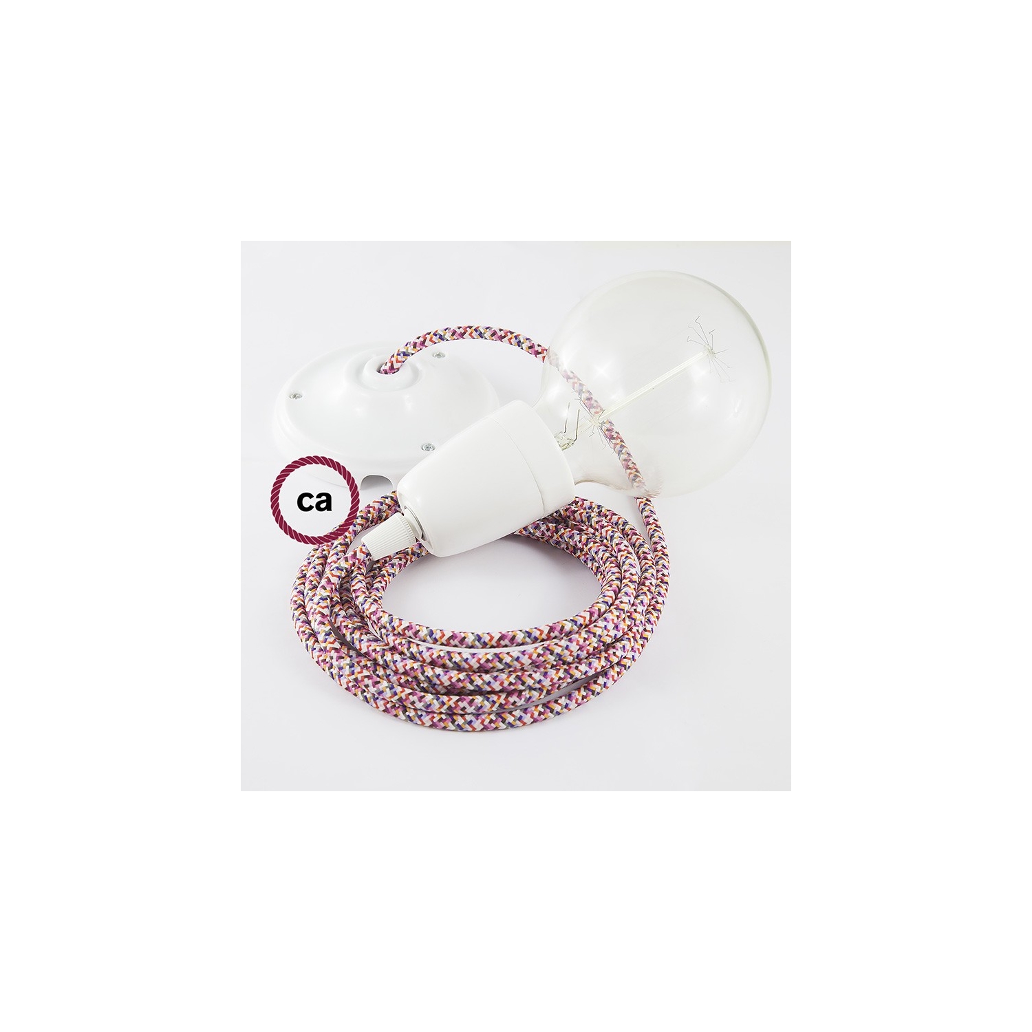 Porcelain Pendant, suspended lamp with Pixel Fuchsia textile cable RX00