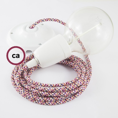 Porcelain Pendant, suspended lamp with Pixel Fuchsia textile cable RX00