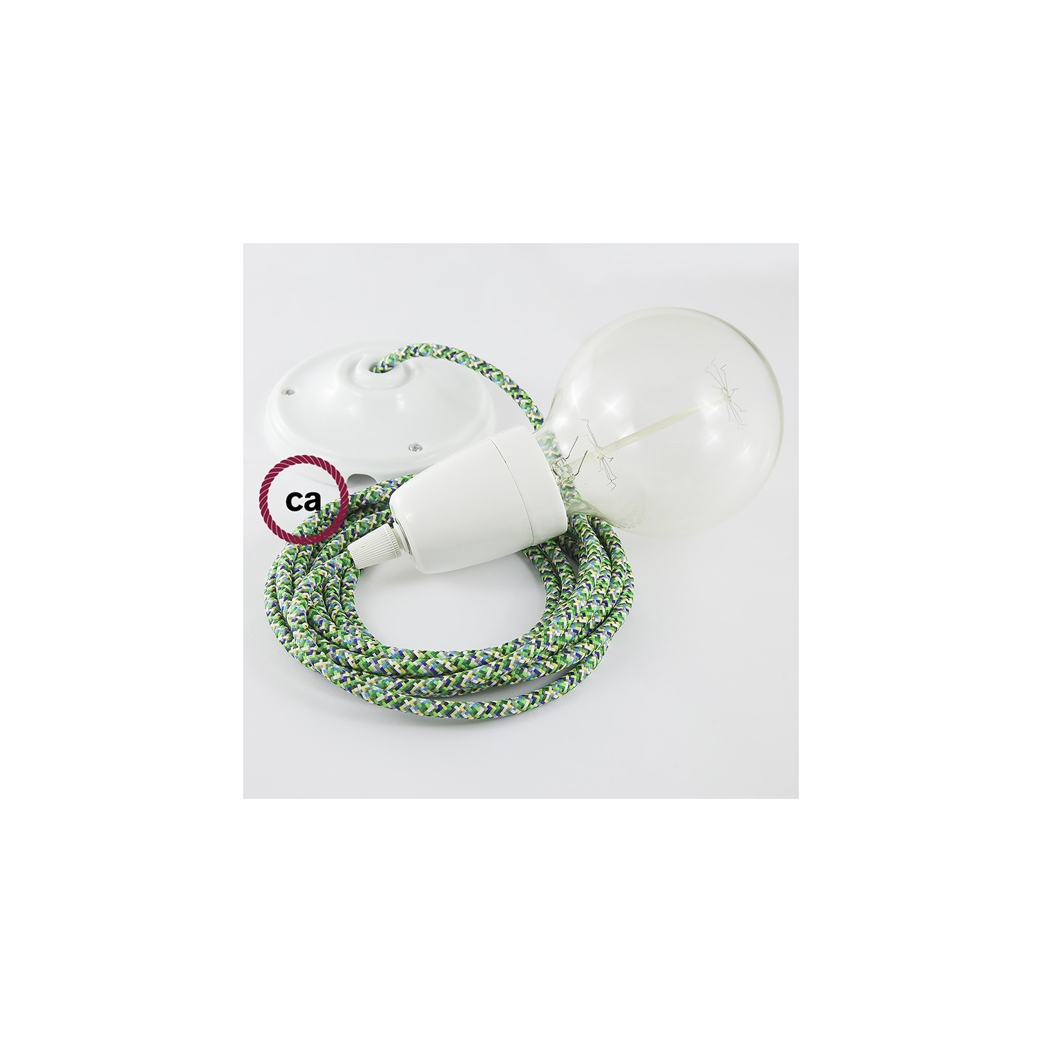 Porcelain Pendant, suspended lamp with Pixel Green textile cable RX05