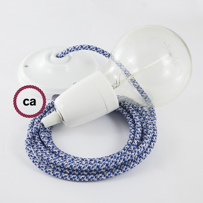 Porcelain Pendant, suspended lamp with Pixel Turquoise textile cable RX03