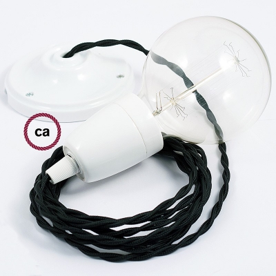 Porcelain Pendant, suspended lamp with Black Rayon textile cable TM04