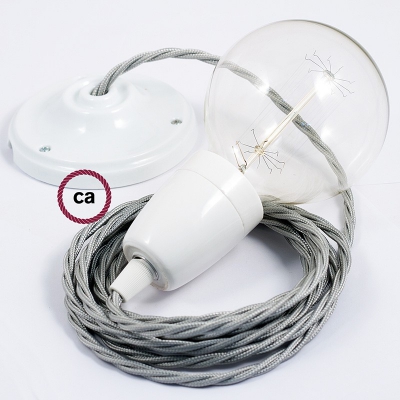 Porcelain Pendant, suspended lamp with Silver Rayon textile cable TM02