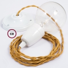 Porcelain Pendant, suspended lamp with Gold Rayon textile cable TM05