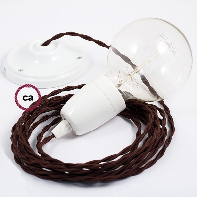 Porcelain Pendant, suspended lamp with Brown Rayon textile cable TM13