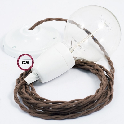 Porcelain Pendant, suspended lamp with Brown Cotton textile cable TC13