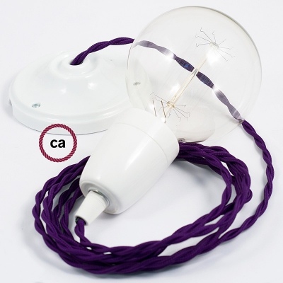 Porcelain Pendant, suspended lamp with Violet Rayon textile cable TM14