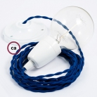 Porcelain Pendant, suspended lamp with Blue Rayon textile cable TM12