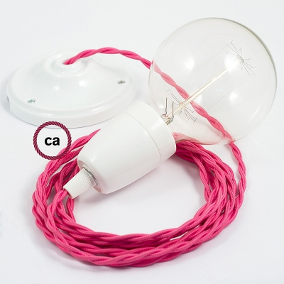 Porcelain Pendant, suspended lamp with Fuchsia Rayon textile cable TM08