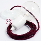 Porcelain Pendant, suspended lamp with Burgundy Rayon textile cable TM19