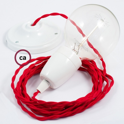 Porcelain Pendant, suspended lamp with Red Rayon textile cable TM09