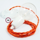 Porcelain Pendant, suspended lamp with Orange Rayon textile cable TM15