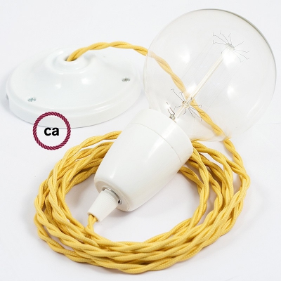 Porcelain Pendant, suspended lamp with Yellow Rayon textile cable TM10