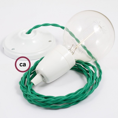 Porcelain Pendant, suspended lamp with Green Rayon textile cable TM06
