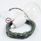 Porcelain Pendant, suspended lamp with Grey Green Cotton textile cable TC63