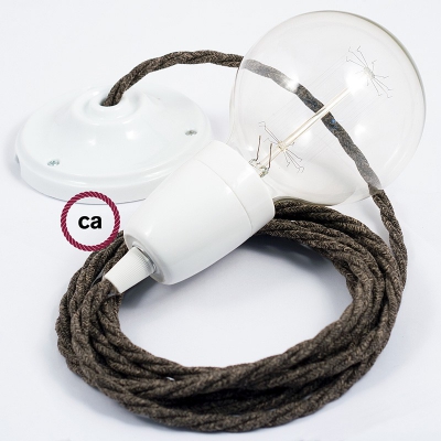 Porcelain Pendant, suspended lamp with Brown Natural Linen textile cable TN04