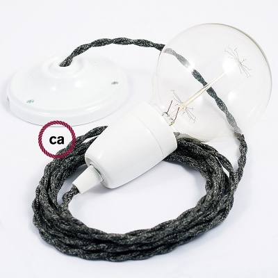 Porcelain Pendant, suspended lamp with Anthracite Natural Linen textile cable TN03