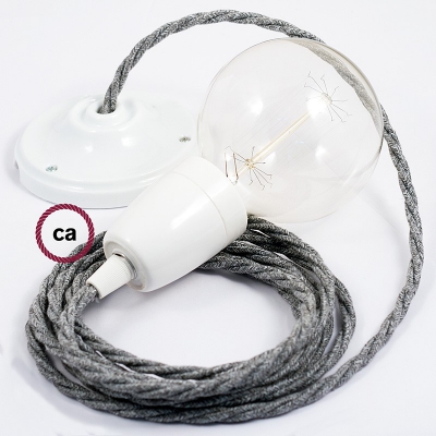 Porcelain Pendant, suspended lamp with Grey Natural Linen textile cable TN02