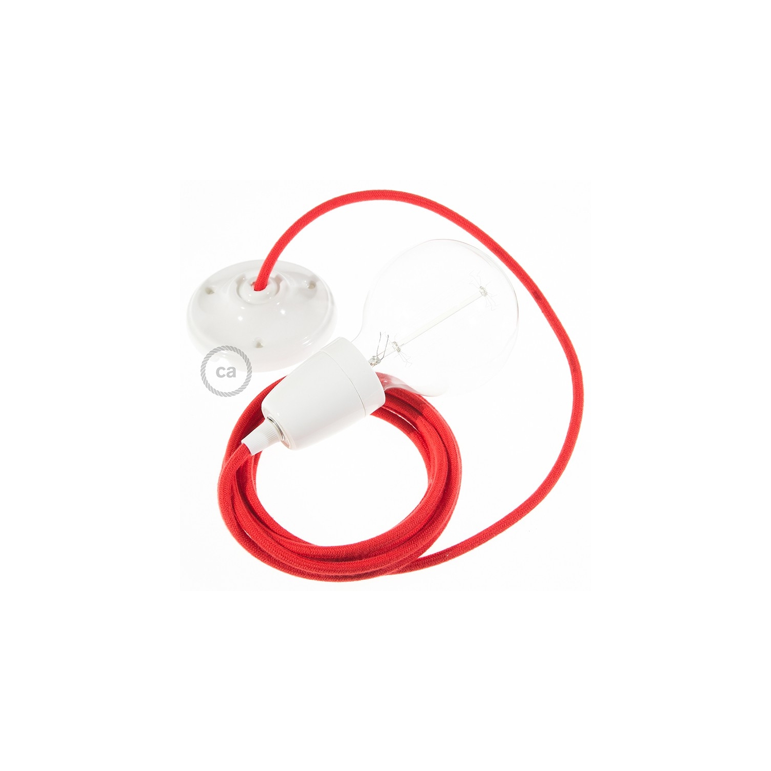 Porcelain Pendant, suspended lamp with Fire Red Cotton textile cable RC35