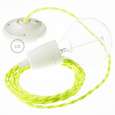 Porcelain Pendant, suspended lamp with Yellow Fluo textile cable TF10