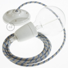 Porcelain Pendant, suspended lamp with Stripes Steward Blue textile cable RD55