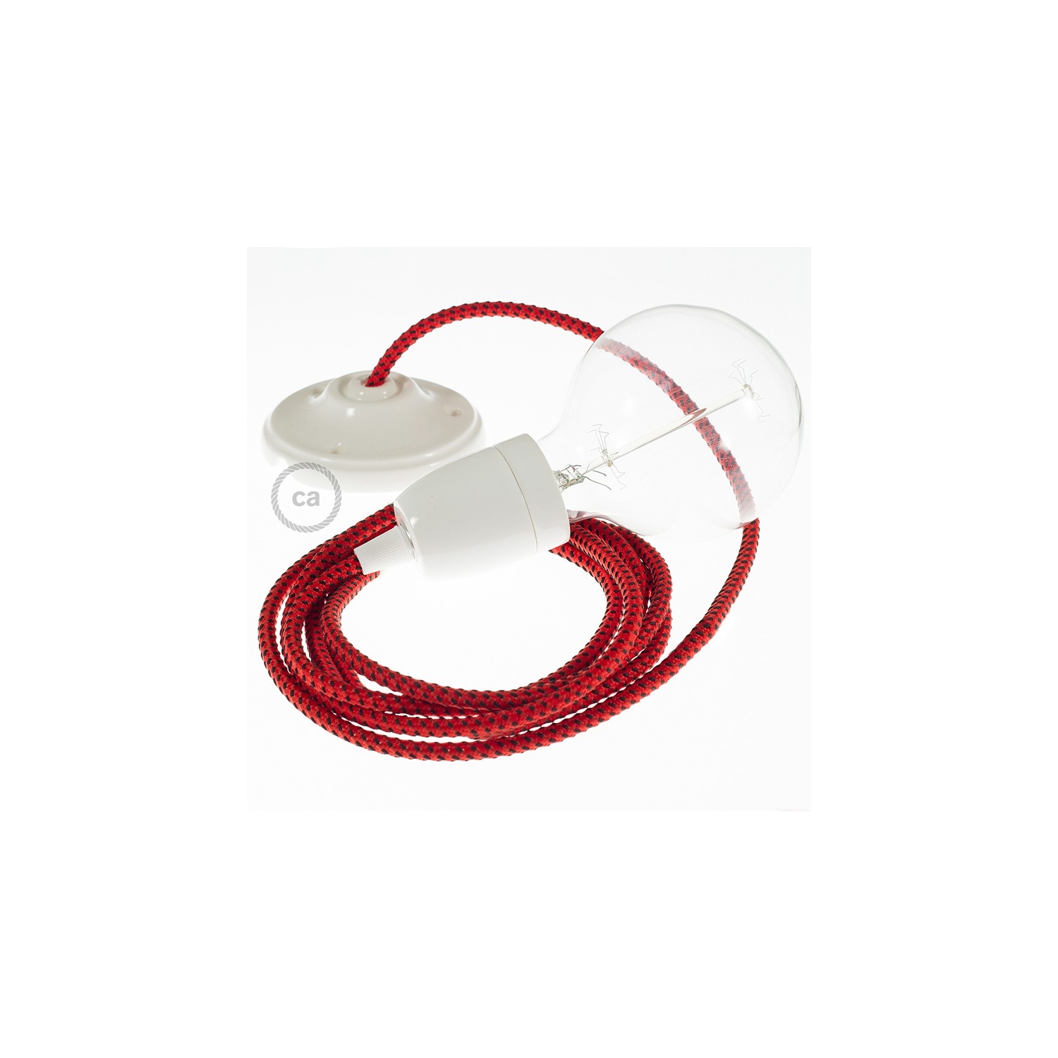 Porcelain Pendant, suspended lamp with Red Devil 3D textile cable RT94