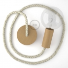 Wooden Pendant, suspended lamp with nautical XL 16mm rope in raw cotton, Made in Italy