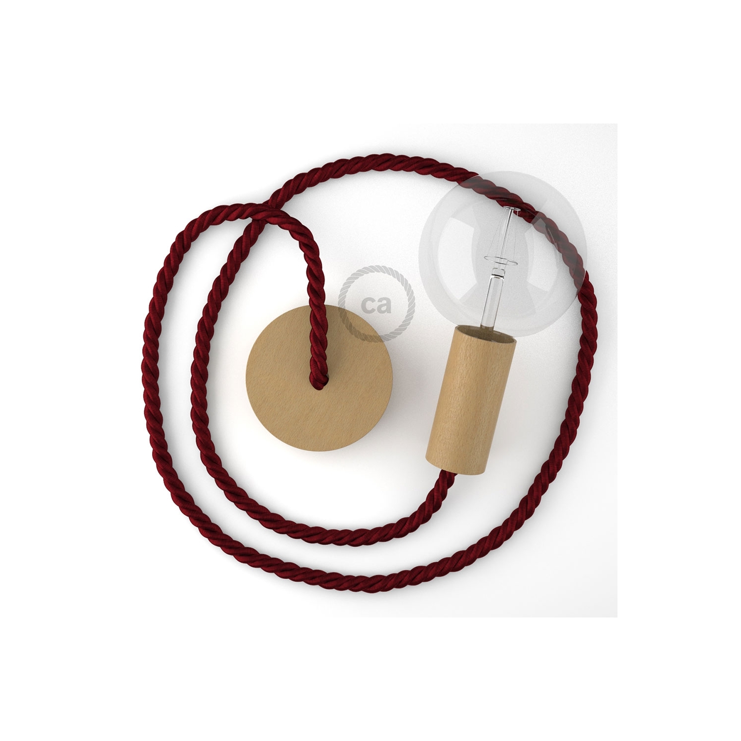 Wooden Pendant, suspended lamp with nautical XL 16mm rope in dark burgundy fabric, Made in Italy