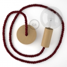 Wooden Pendant, suspended lamp with nautical XL 16mm rope in dark burgundy fabric, Made in Italy