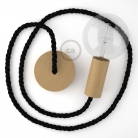 Wooden Pendant, suspended lamp with nautical XL 16mm rope in black shiny fabric, Made in Italy