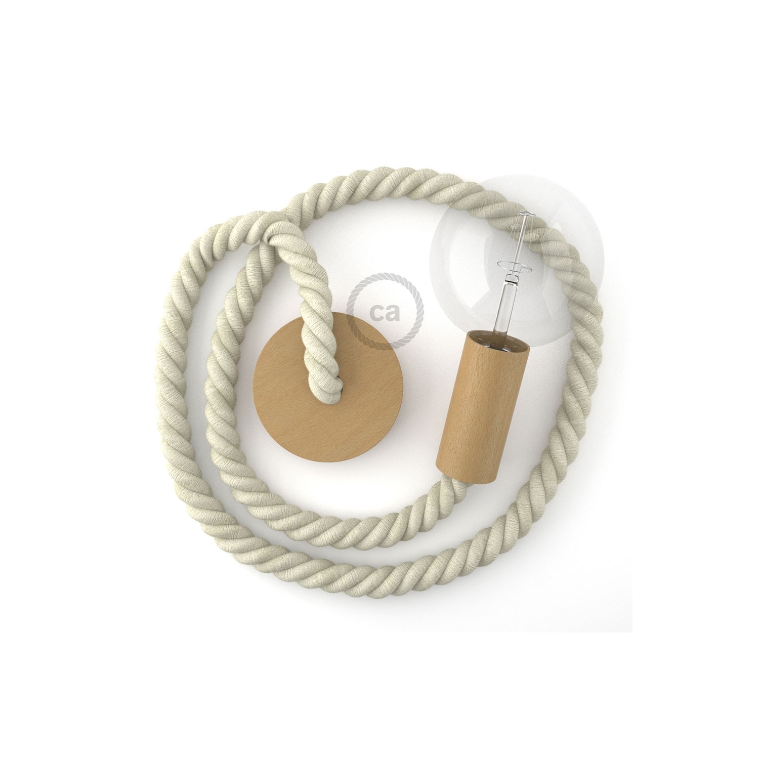 Wooden Pendant, suspended lamp with nautical 2XL 24mm rope in raw cotton, Made in Italy