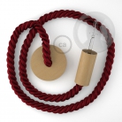 Wooden Pendant, suspended lamp with nautical 2XL 24mm rope in dark burgundy fabric, Made in Italy