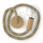 Wooden Pendant, suspended lamp with nautical 2XL 24mm rope in raw jute, Made in Italy