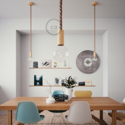 Wooden Pendant, suspended lamp with nautical 2XL 24mm rope in raw jute, Made in Italy