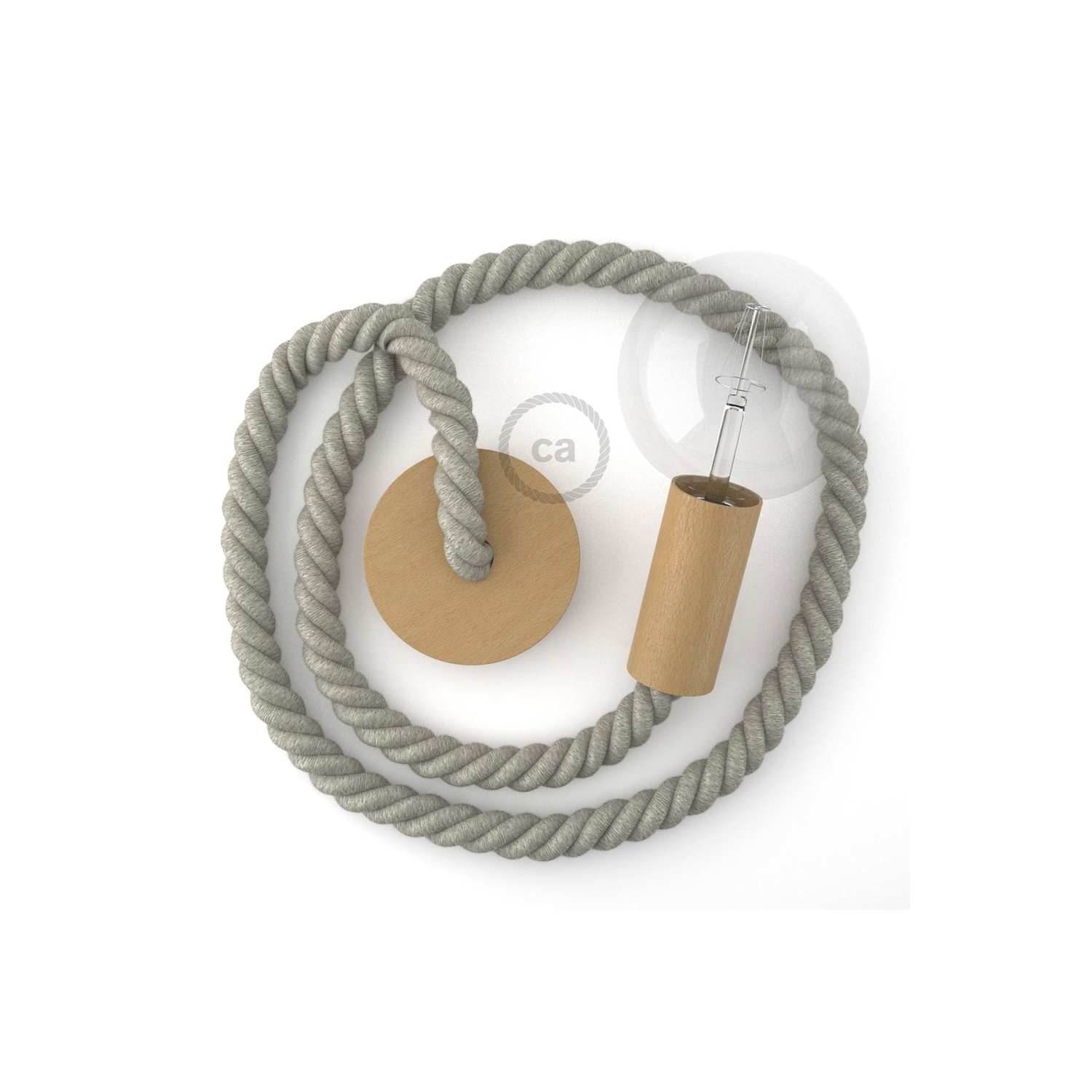 Wooden Pendant, suspended lamp with nautical 2XL 24mm rope in natural linen, Made in Italy