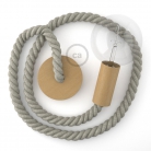 Wooden Pendant, suspended lamp with nautical 2XL 24mm rope in natural linen, Made in Italy