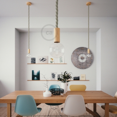 Wooden Pendant, suspended lamp with nautical 2XL 24mm rope in natural linen, Made in Italy