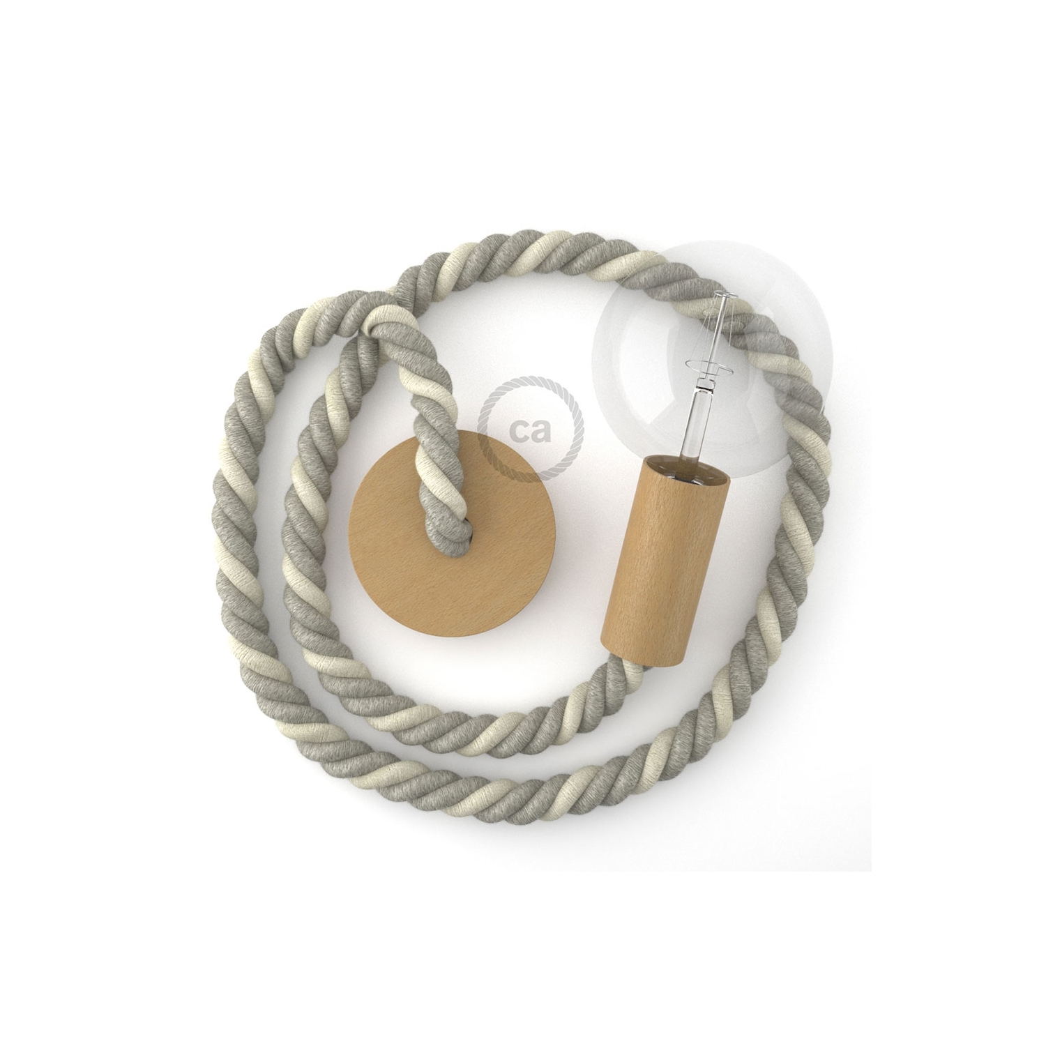 Wooden Pendant, suspended lamp with nautical 2XL 24mm rope in raw cotton and natural linen, Made in Italy