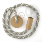 Wooden Pendant, suspended lamp with nautical 2XL 24mm rope in raw cotton and natural linen, Made in Italy