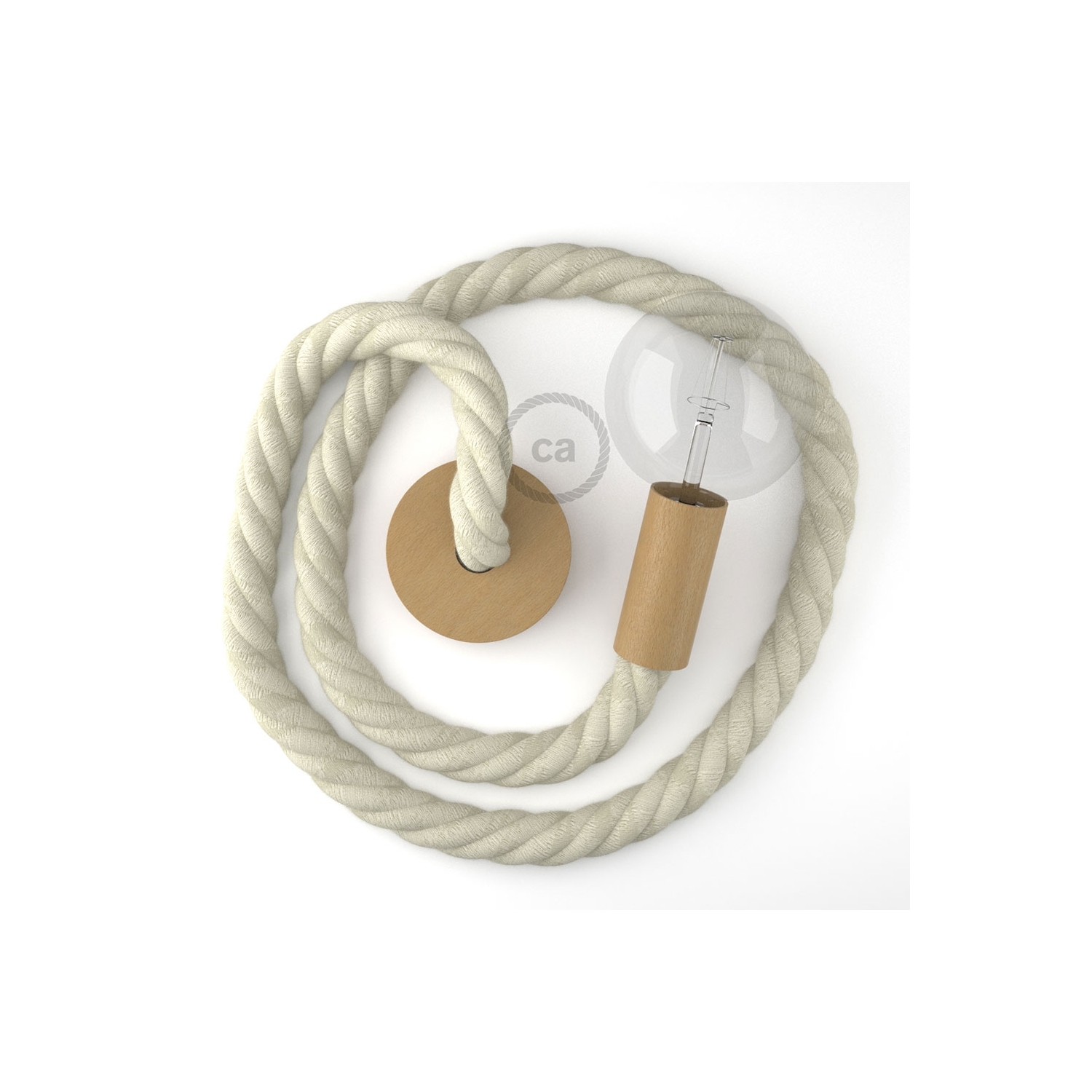 Wooden Pendant, suspended lamp with nautical 3XL 30mm rope in raw cotton, Made in Italy