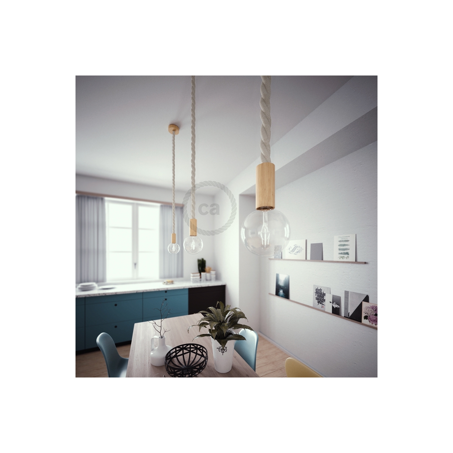 Wooden Pendant, suspended lamp with nautical 3XL 30mm rope in raw cotton, Made in Italy