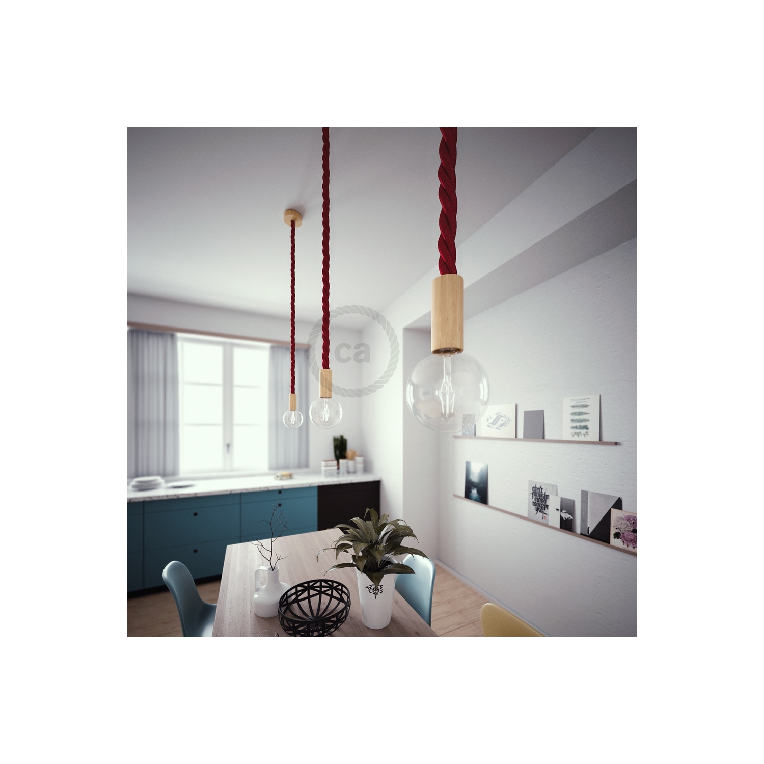 Wooden Pendant, suspended lamp with nautical 3XL 30mm rope in dark burgundy fabric, Made in Italy